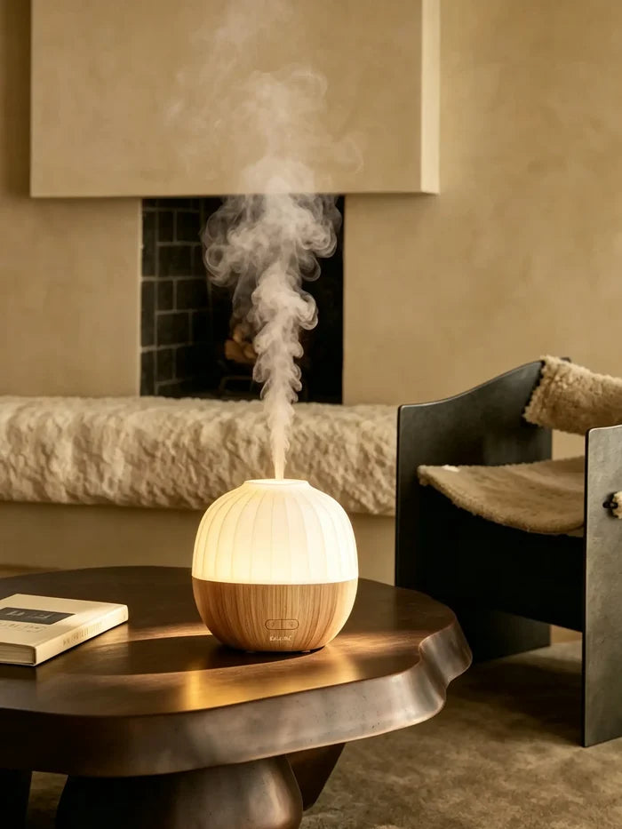 Acorn aroma diffuser releasing a gentle mist in a warm, spa-inspired interior