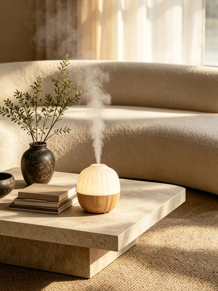 Acorn essential oil diffuser with warm ambient light on a bathroom countertop