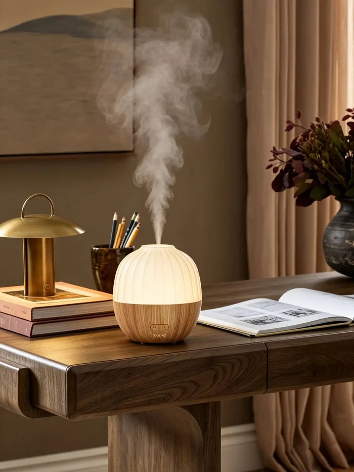 Acorn essential oil diffuser adding a warm glow to a home-work countertop