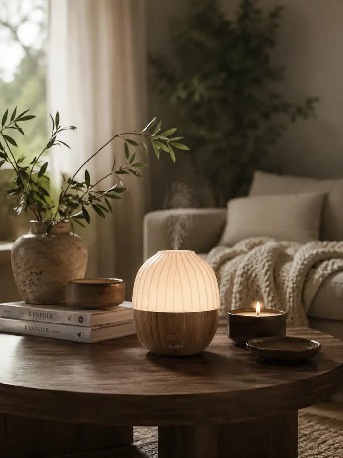 Acorn wood-grain aroma diffuser on a countertop beside natural greenery