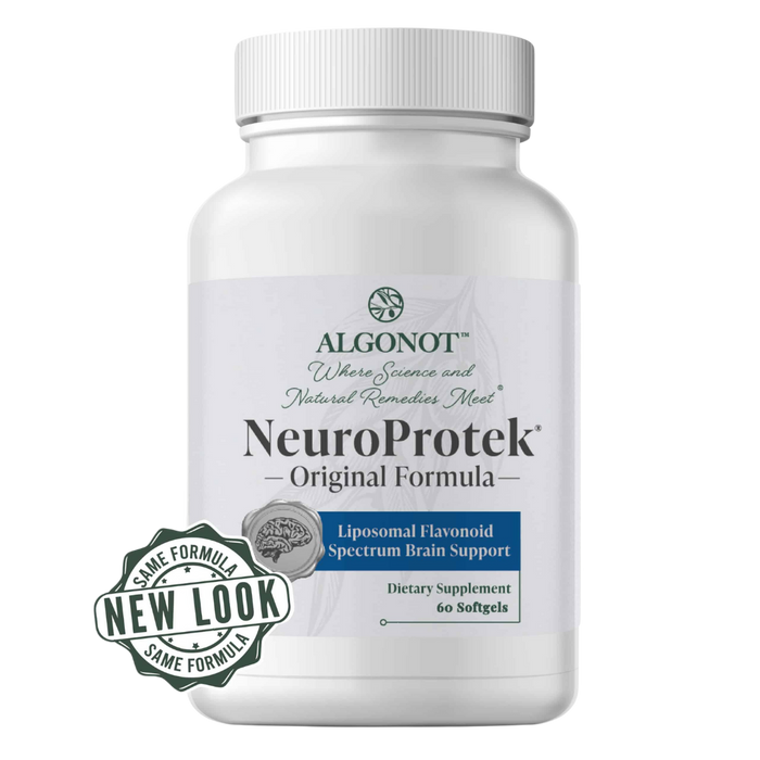 A bottle of Algonot NeuroProtek softgels with 60 capsules, labeled as an all-natural oral dietary supplement.