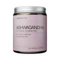 Jar of Ashwagandha capsules with a pink label on a white background