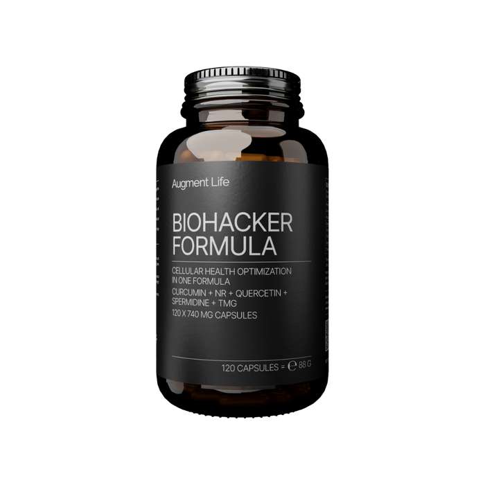 Bottle of Biohacker Formula supplement on a transparent background