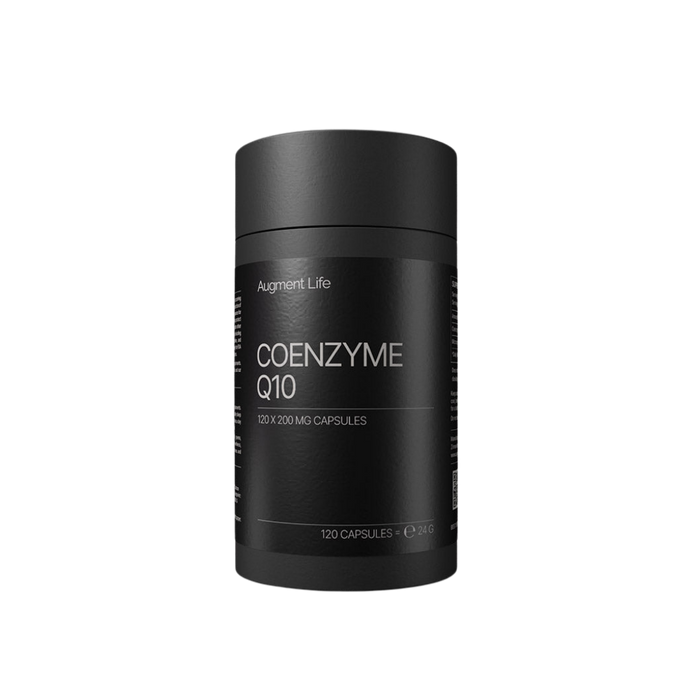 A black cylindrical supplement bottle labeled 'COENZYME Q10' by Augment Life, shown on a plain white background.