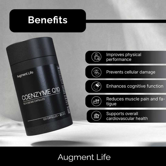 A black cylindrical supplement bottle labeled 'COENZYME Q10' by Augment Life, shown with benefits