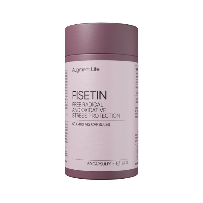 Supplement container labeled 'Fisetin' for free radical and oxidative stress protection on a white background.