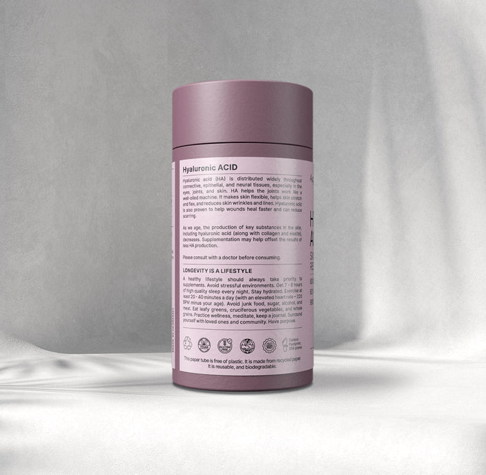 Side view of Hyaluronic Acid 200mg 120 Capsules bottle – natural beauty and joint wellness supplement