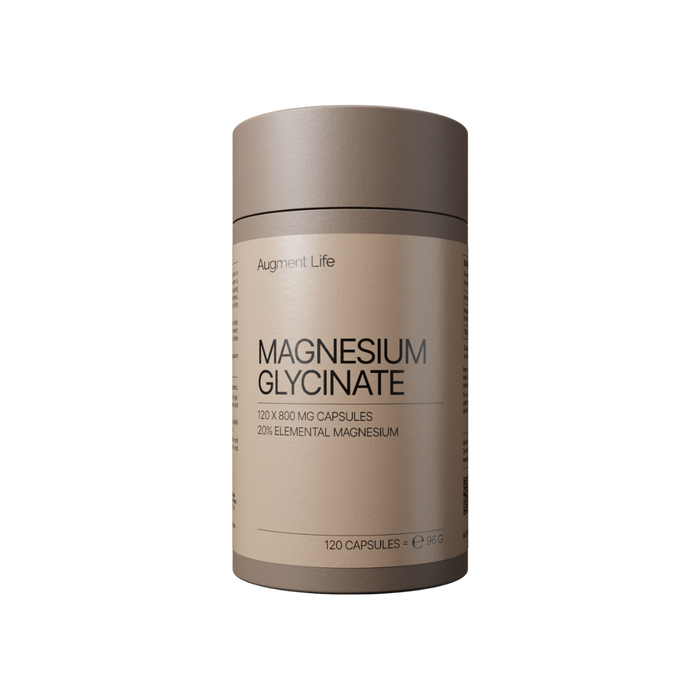 Container of Augment Life Magnesium Glycinate capsules on a white background
