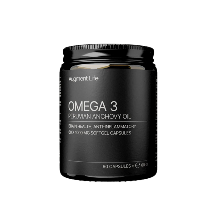 Black container of Augment Life Omega 3 Peruvian Anchovy Oil on a white background