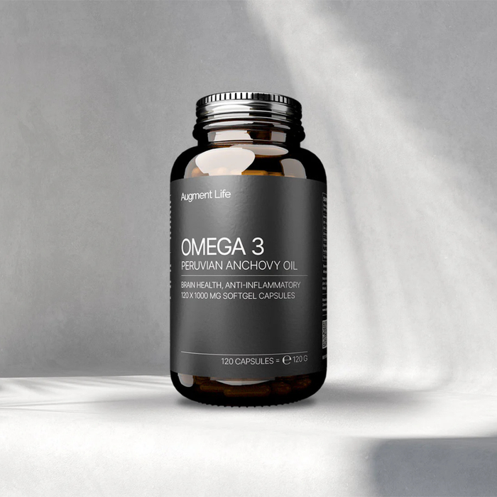 Omega 3 supplement bottle with a gray label on a light gray background