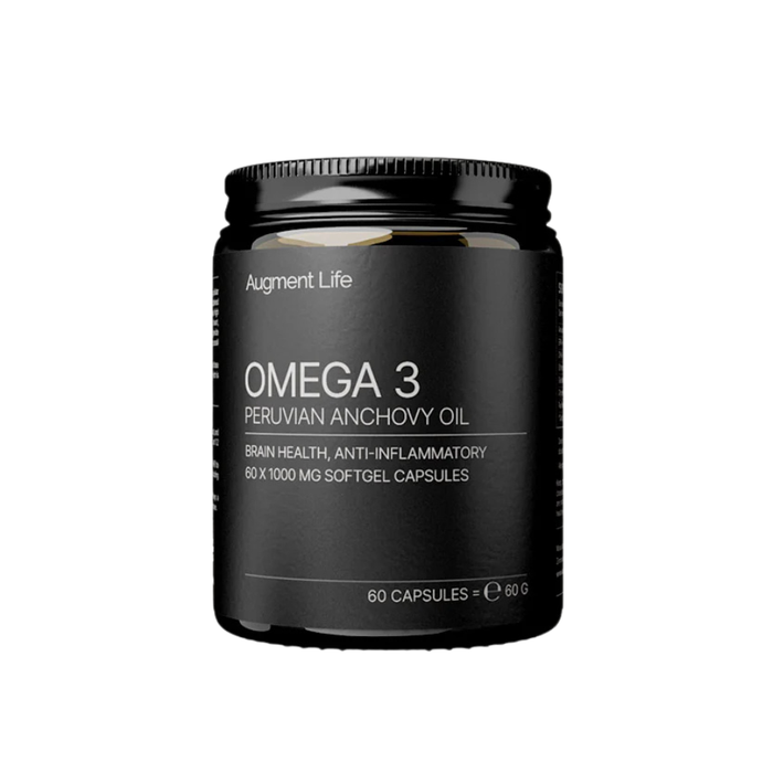 Black container of Augment Life Omega 3 Peruvian Anchovy Oil on a white background
