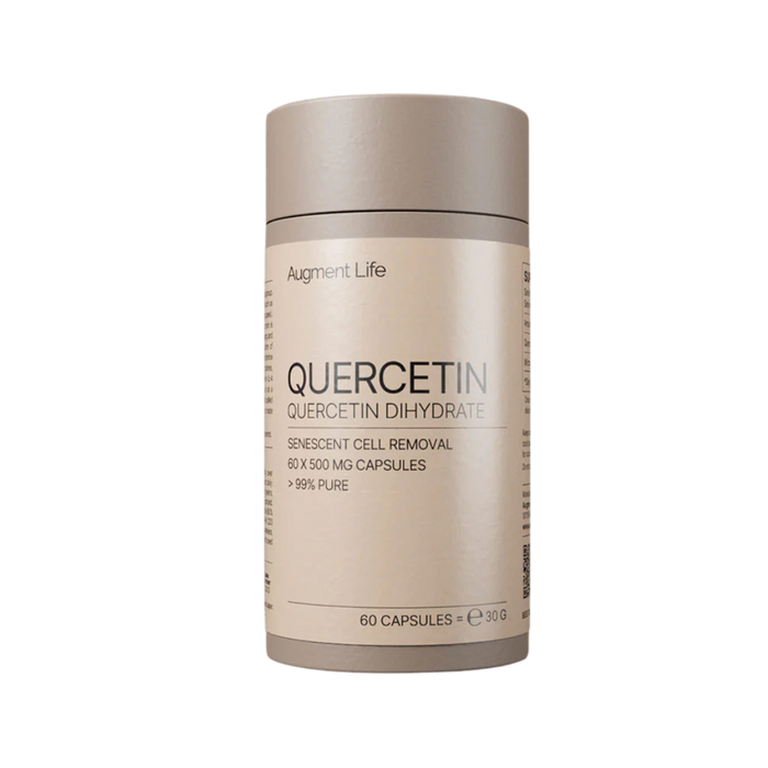 Beige supplement container labeled 'Quercetin' on a white background