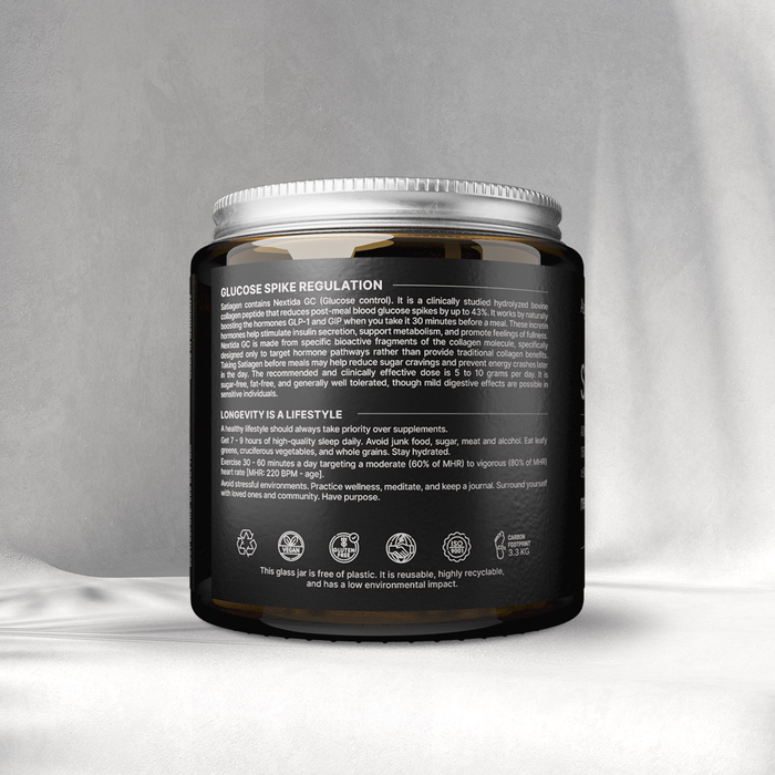 Black supplement jar with white cap on a gray background