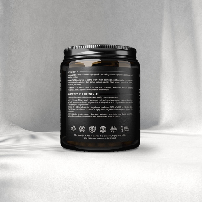 Black supplement container with label on a gray background