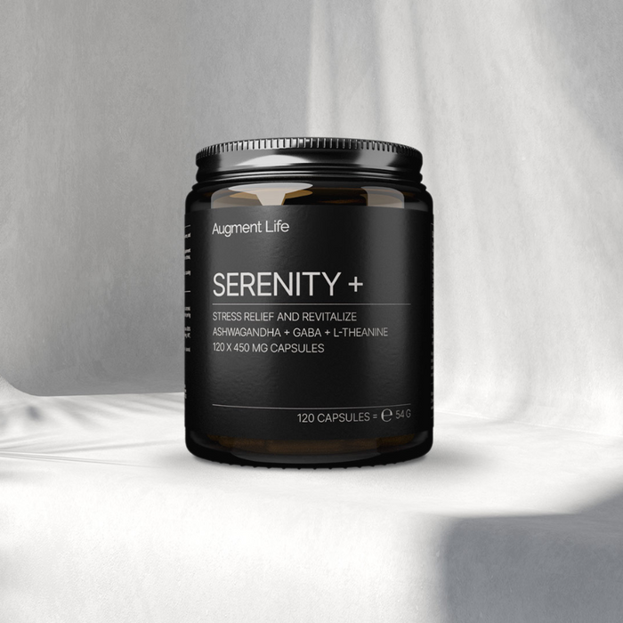 Black container labeled 'Serenity+' on a white and gray background