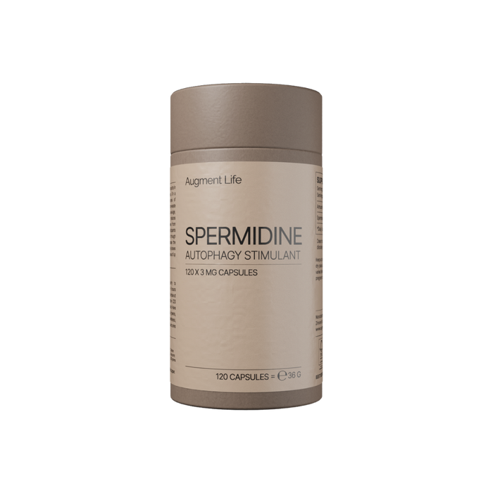 Beige supplement container labeled 'Spermidine Autophagy Stimulant' on a white background