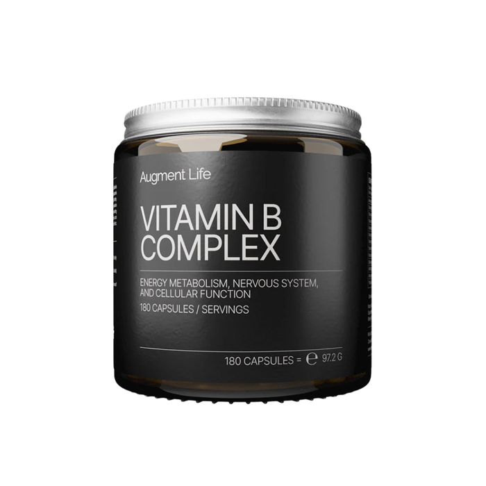 Vitamin B Complex supplement container with black label on a white background