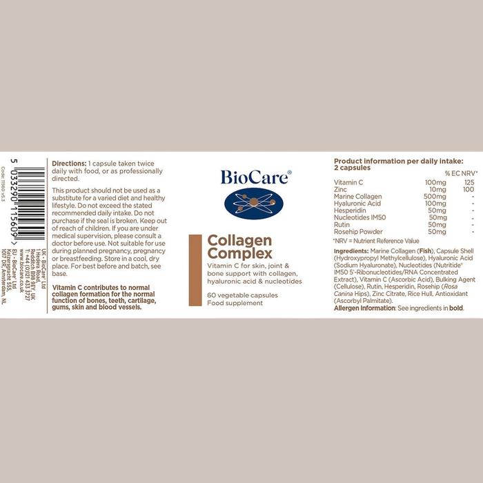 BioCare Collagen Complex supplement label on a beige background