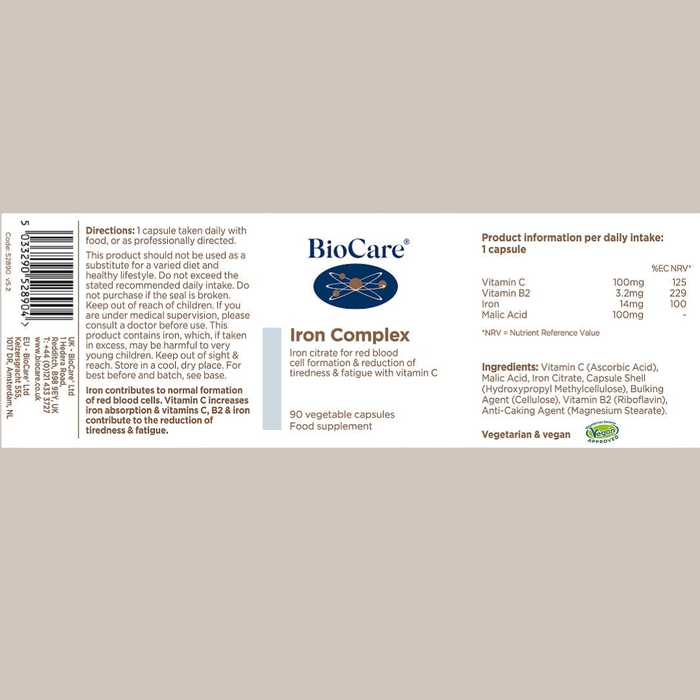 BioCare Iron Complex supplement label on a beige background