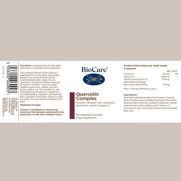BioCare Quercetin Complex supplement label on a beige background