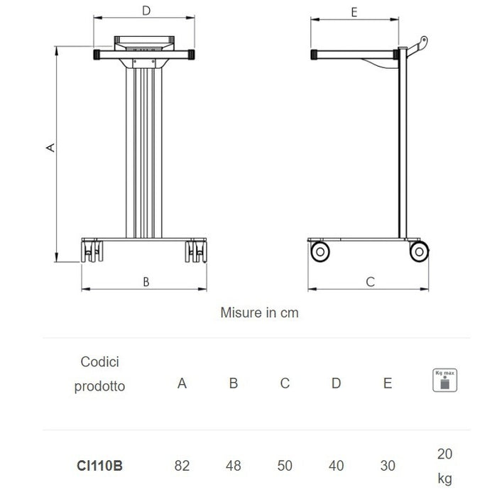Carrello in alluminio e acciaio EOLO CI110 - Base + 1 ripiano mm 300 x 400
