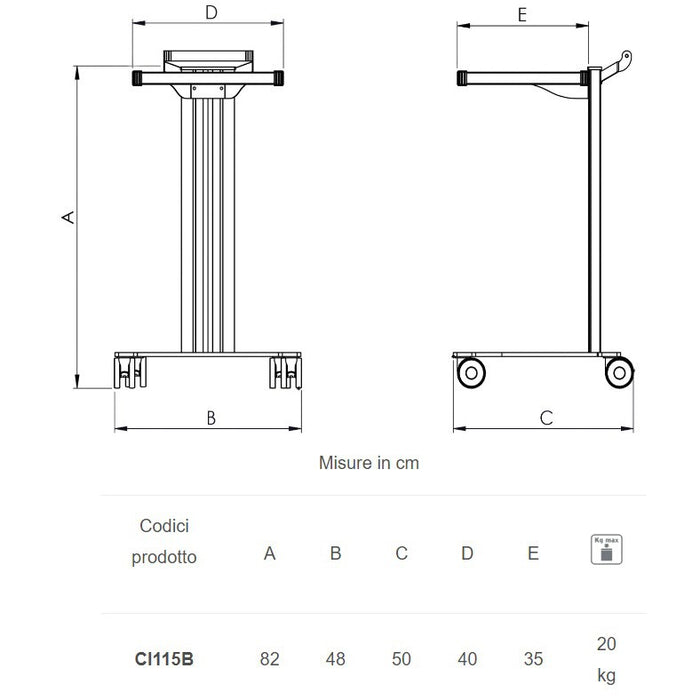 Carrello in alluminio e acciaio EOLO CI115 - Base + 1 ripiano mm 350 x 400