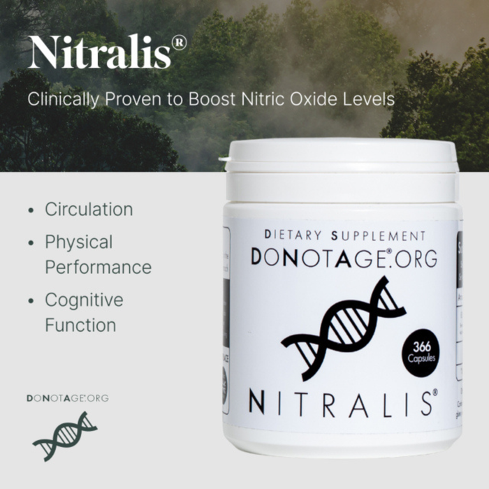 Supplement container labeled 'Nitralis' with a forest background