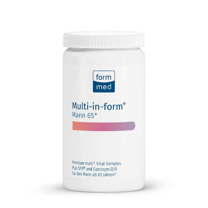 White supplement container labeled 'Multi-in-form Mann 65+' by form med on a white background
