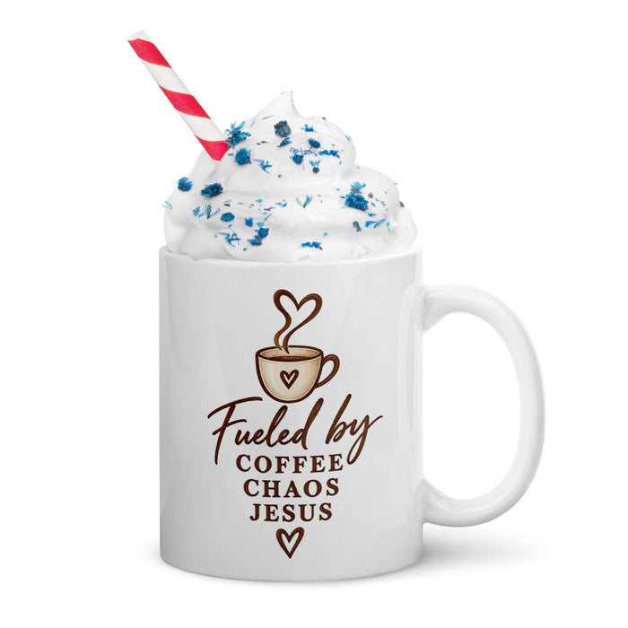 Right-side view of 11 oz Fueled by Coffee, Chaos & Jesus mug