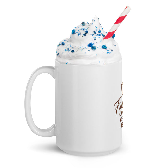 Left-side view of 15 oz Fueled by Coffee, Chaos & Jesus mug