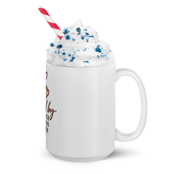 Right-side view of 15 oz Fueled by Coffee, Chaos & Jesus mug