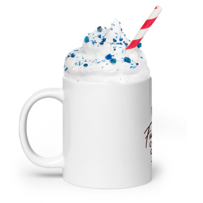 Left-side view of 20 oz Fueled by Coffee, Chaos & Jesus mug