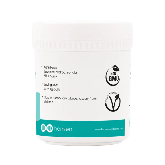 A container of Hansen Berberine 98% powder with a label that includes the product name and its purity level, indicating its use as an anti-aging supplement.