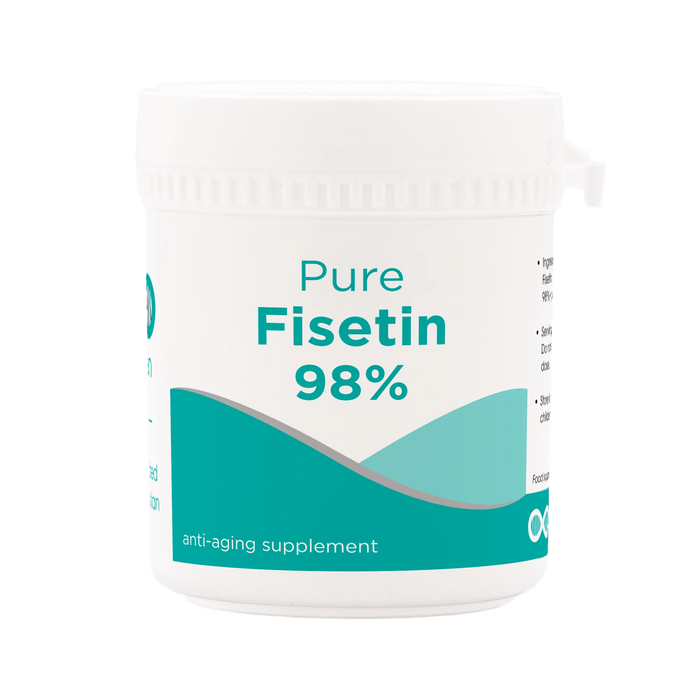 Container of Pure Fisetin 98% anti-aging supplement on a white background