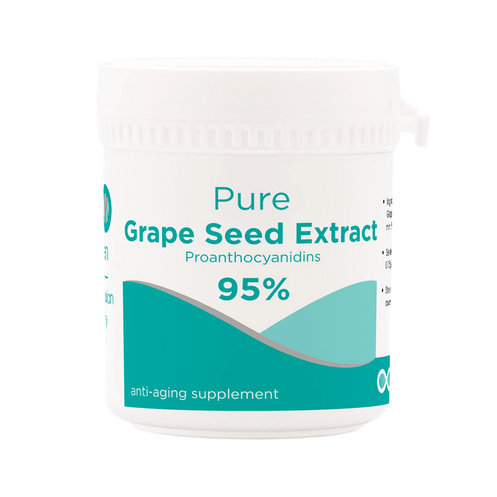 Container of Pure Grape Seed Extract with Proanthocyanidins 95% on a white background
