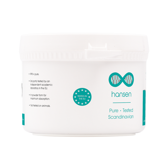 Hansen product packaging with branding and certification logos on a white background