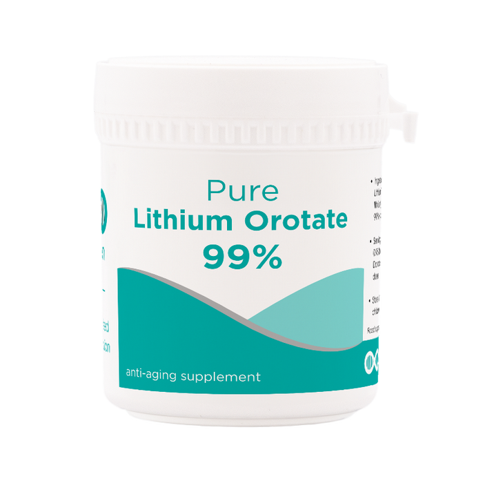 Container of Pure Lithium Orotate 99% supplement on a white background