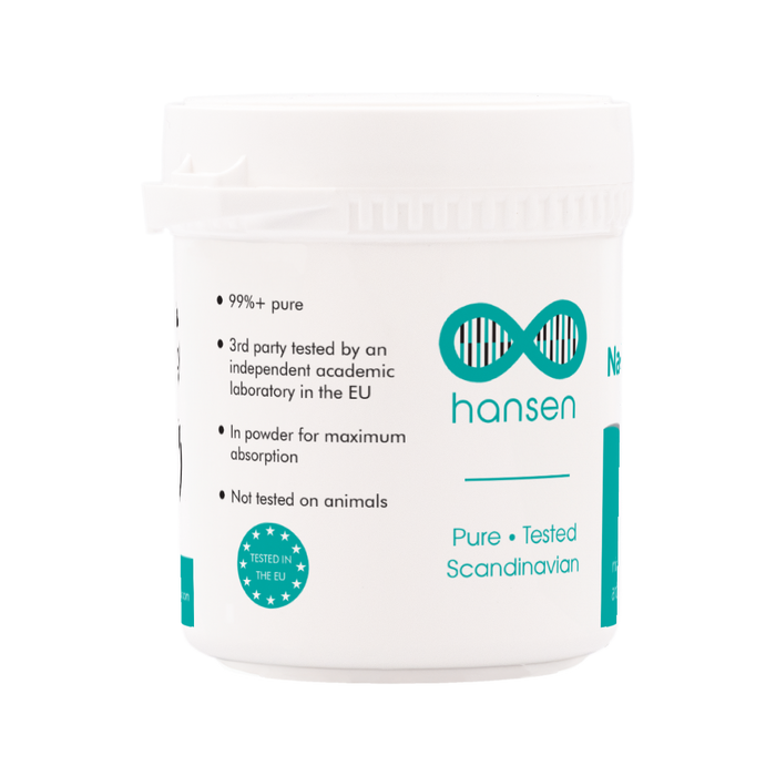 White container with teal labels and text on a white background