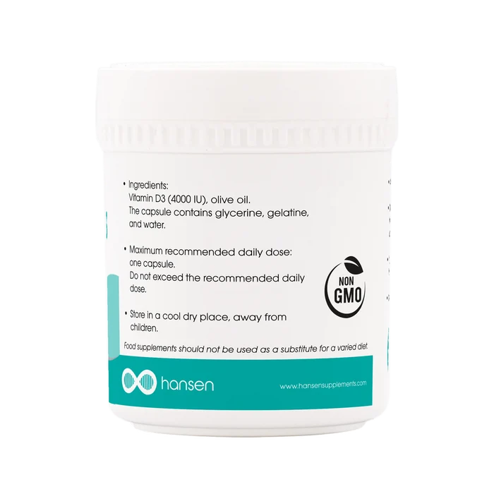 A white plastic bottle of Hansen Vitamin D3 dietary supplement with a teal and white label, featuring a 'Non GMO' logo and product instructions.