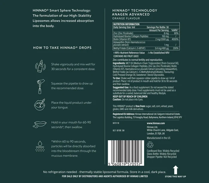 Back of a HINNAO product packaging with text, instructions, and a barcode on a dark green background.