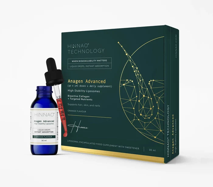 Hinnao Technology Amanagen Advanced supplement bottle and packaging on a white background