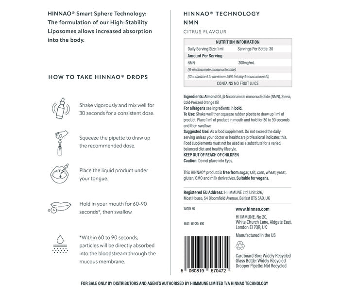Back of a HINNAA supplement bottle with text, nutrition information, and usage instructions.