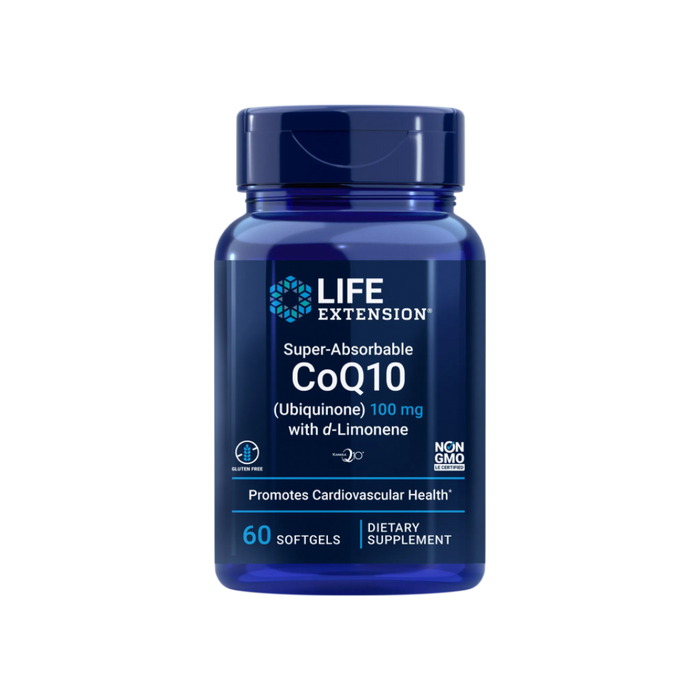 Life Extension CoQ10 100mg with d-Limonene supplement bottle front view - 60 softgels for enhanced cellular energy support
