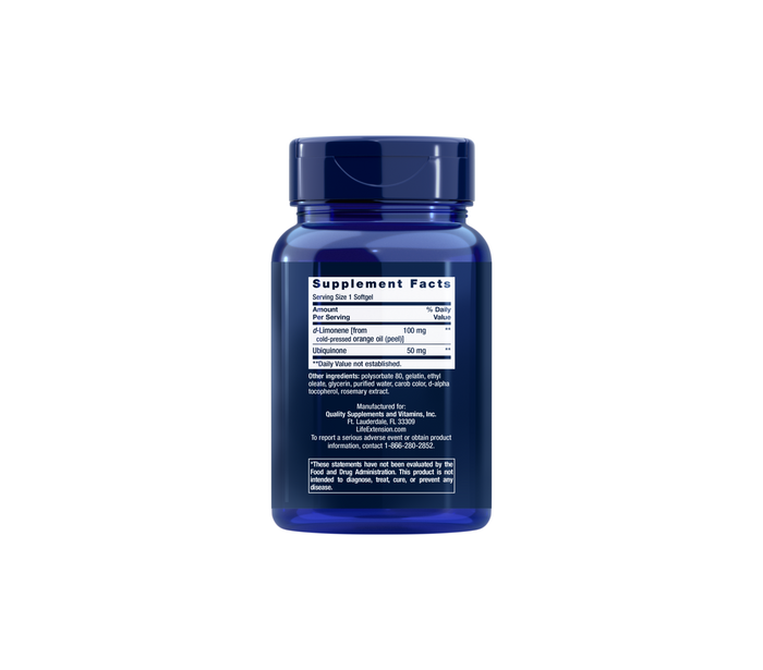 Life Extension CoQ10 50mg supplement facts and ingredients label showing ubiquinone and d-Limonene content