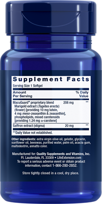 A blue plastic supplement bottle with a dark blue cap, showing the Supplement Facts label. The label indicates the product is a proprietary blend containing marigold extract, echinacea, and polysulfated starch.