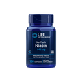 Front of Life Extension No Flush Niacin supplement bottle – 800 mg, 100 vegetarian capsules. Blue and white label highlighting support for cholesterol and energy metabolism.