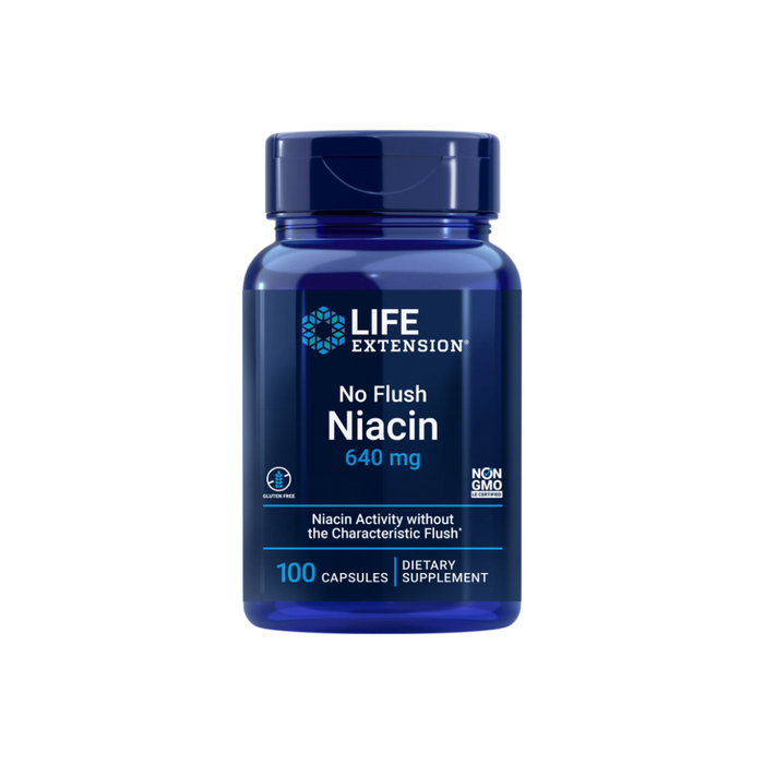 Front of Life Extension No Flush Niacin supplement bottle – 800 mg, 100 vegetarian capsules. Blue and white label highlighting support for cholesterol and energy metabolism.