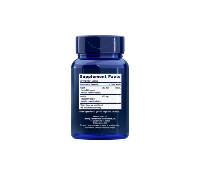 Back of Life Extension No Flush Niacin bottle showing Supplement Facts label and ingredients, dosage instructions, and product warnings.