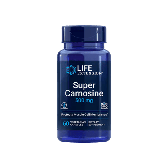Blue bottle of Super Carnosine 500mg, 60 vegetarian capsules