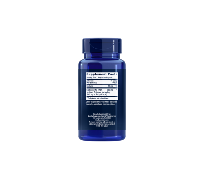 Back view of blue bottle of Super R-Lipoic Acid supplement displaying ingredients, supplement facts, dosage instructions, and warnings.
